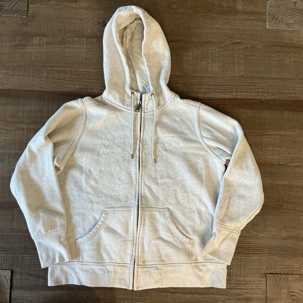 Carhartt Women’s Light Gray Zip-Up Hoodie Chest Logo Monocrome